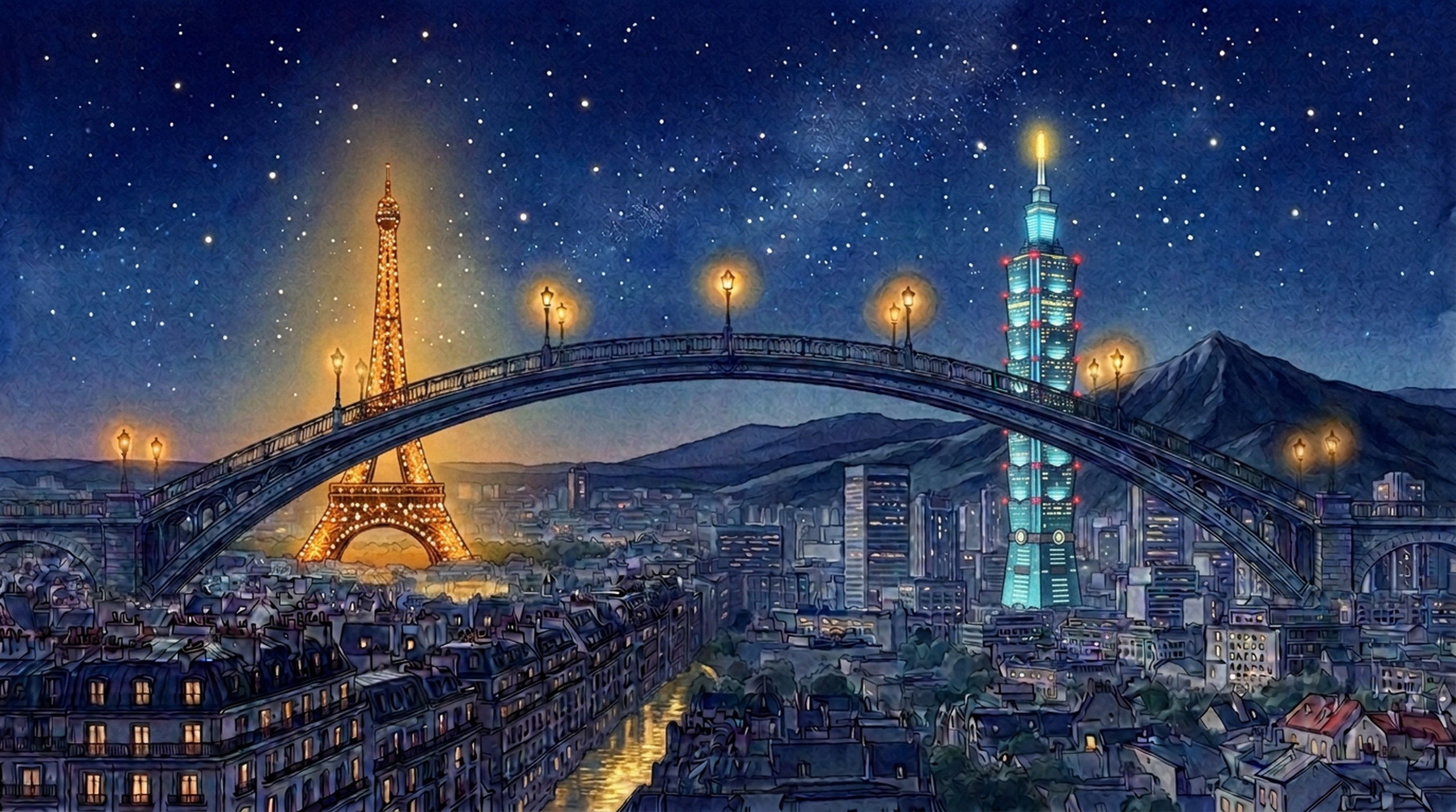 Un pont relie Paris et Taipei : Tour Eiffel et Taipei 101